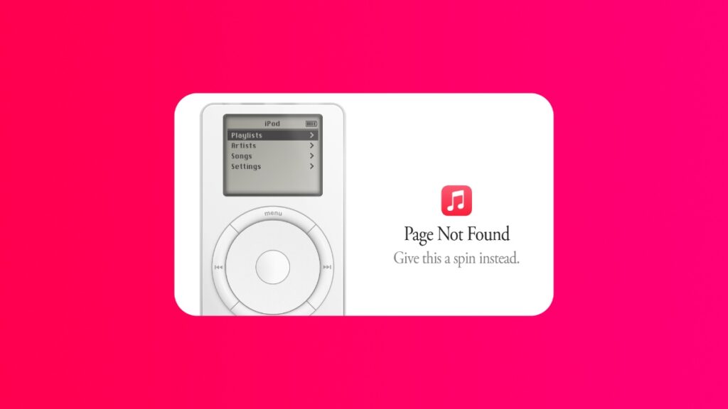 Apple Music 404 page with iPod
